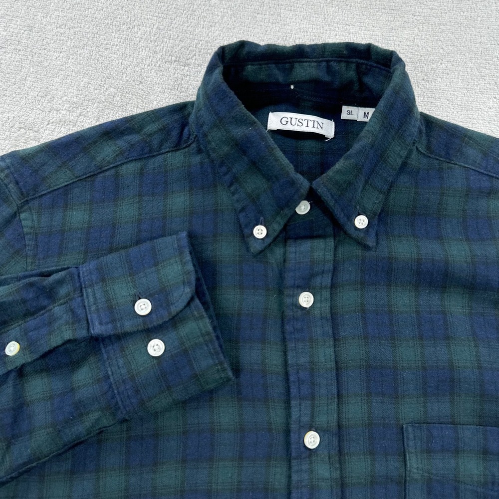 Gustin Flannel Shirt Mens Medium Slim Navy Green Watch Plaid Button Down USA